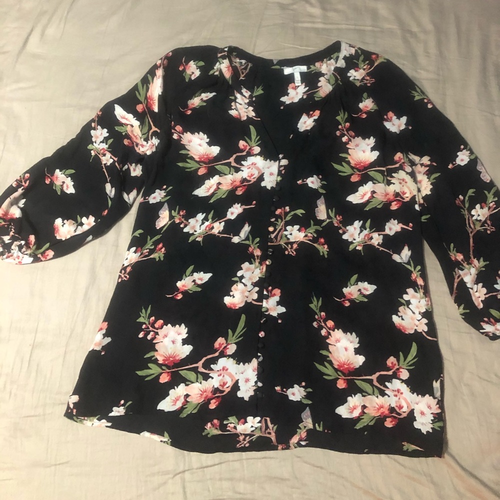 100% silk black floral button down blouse